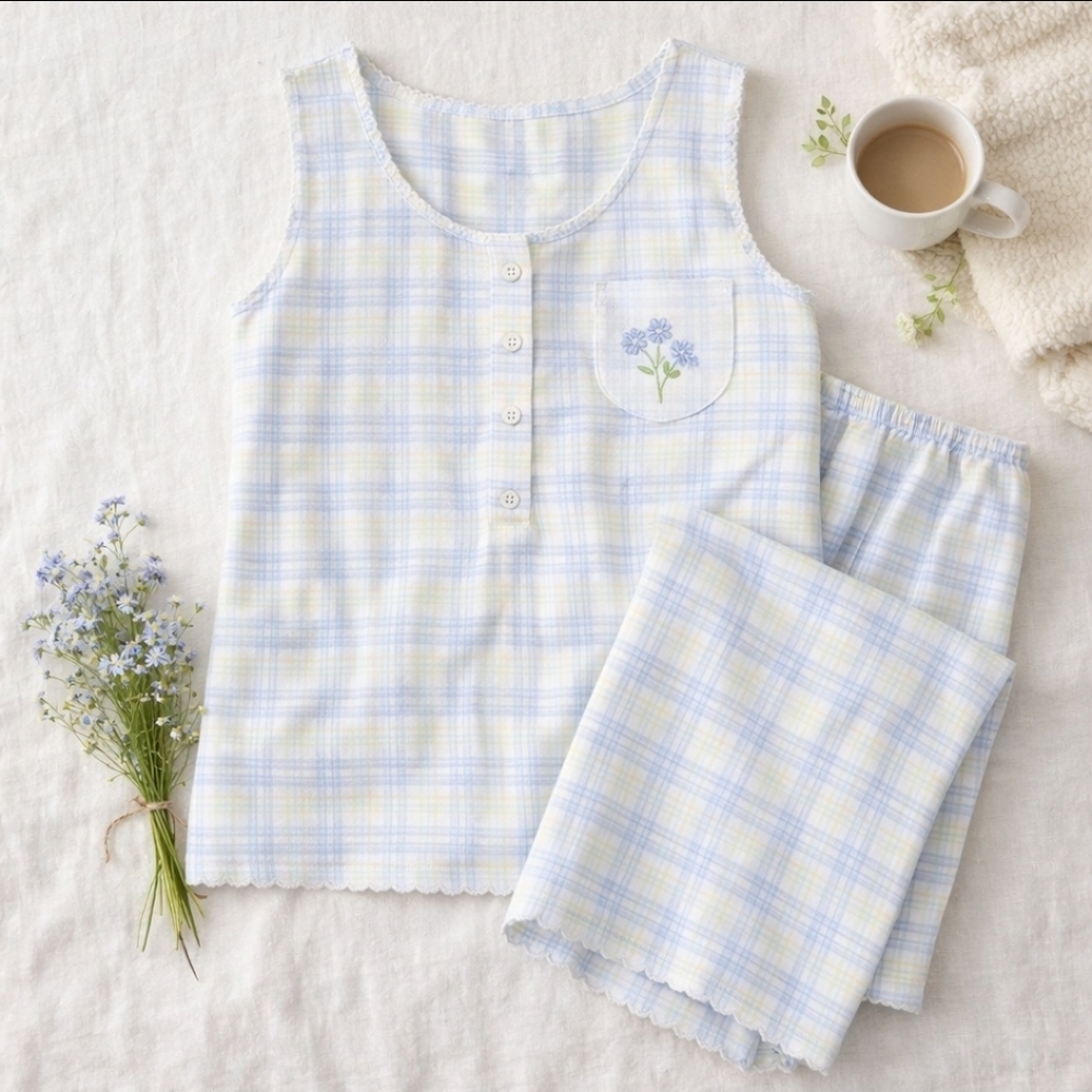 Karen Neuburger Pink Ribbon Pajama Set 1X Cotton Knit Capri PJs Blue Plaid